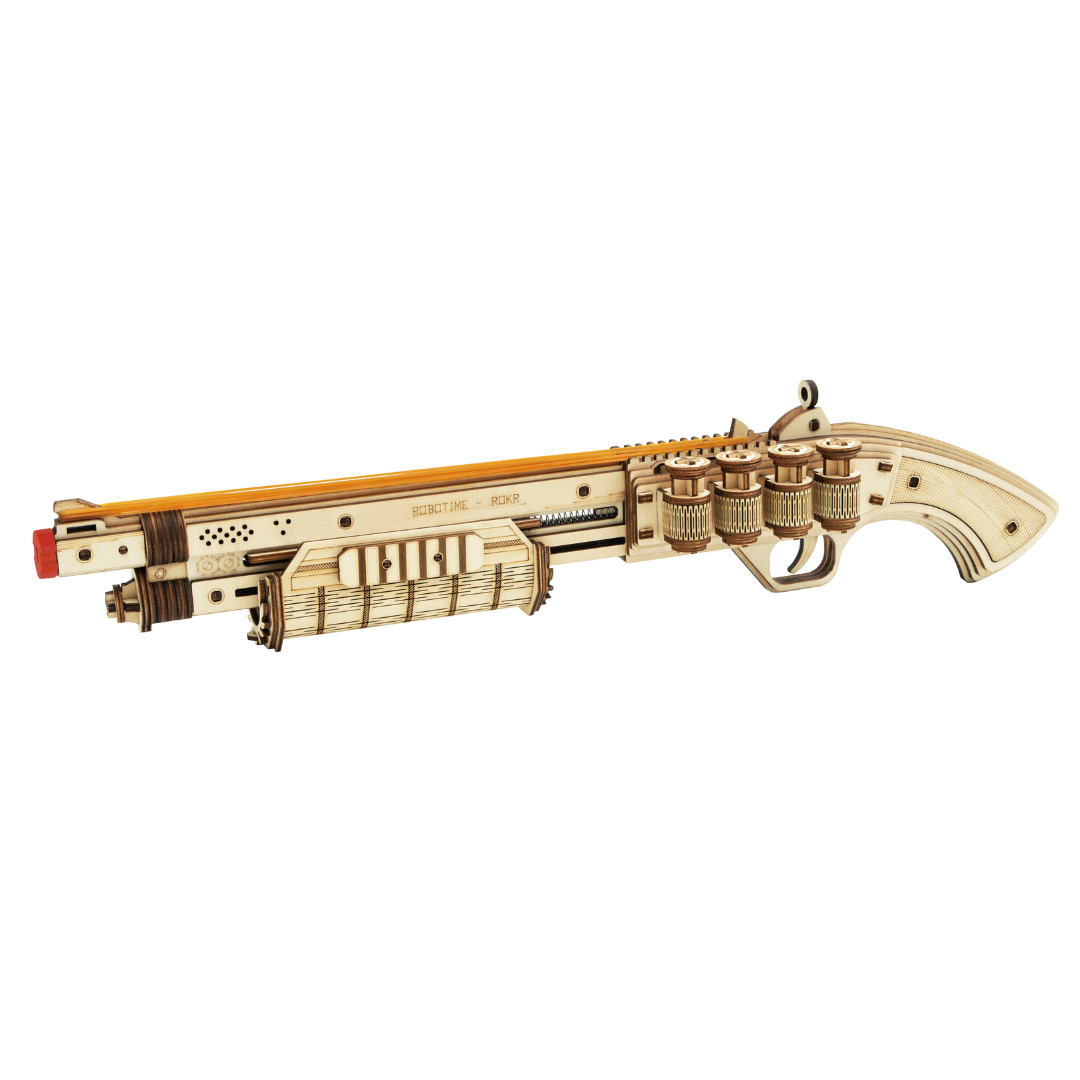 Rokr™ Medinis Sustatomas Žaislinis Ginklas „Shotgun“ + Rokr™ Medinis Sustatomas Žaislinis Ginklas „Revolveris“